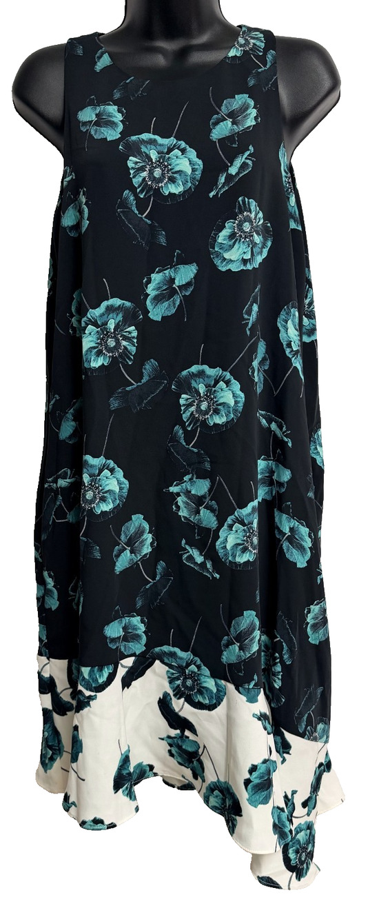Alfani Asymmetrical Hem Dress Women's 12 Black Teal Poppy Floral Sleeveless Midi